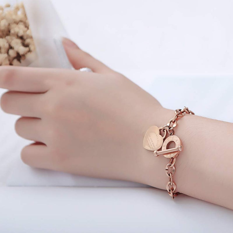 kelistom 316L Stainless Steel Love Heart Charm Bracelet for Women Romantic Gift 18k Gold Plated OT Clasp Bracelets (18k gold) - Image 3
